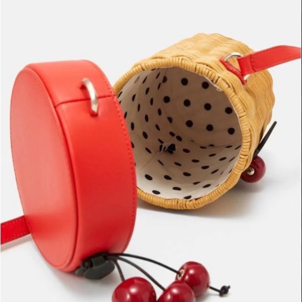NWT, Rare kate spade Red Leather & Wicker Cherry Bucket Crossbody - Picture 9 of 16